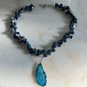 Blue Glass Gem Necklace - Teal Blue Handmade Gemstone Rock Pendant Necklace